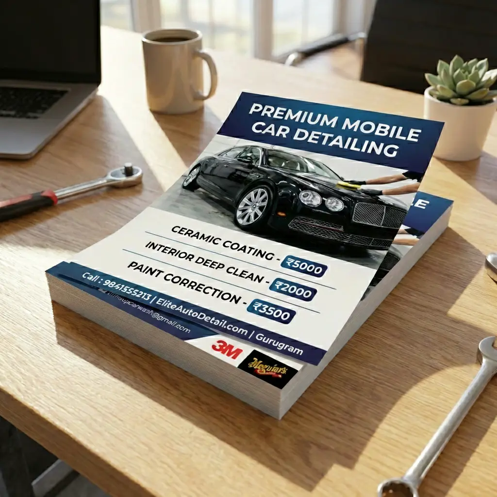 High-quality printed flyers for a Premium Mobile Car Detailing business, displayed on a wooden office desk, printed by PrintKardo Gurugram.